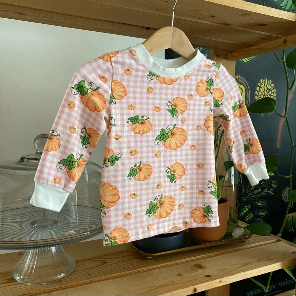 Classic Whimsy Pink Plaid Pumpkin Print Fall Halloween Pajama Set 18 months